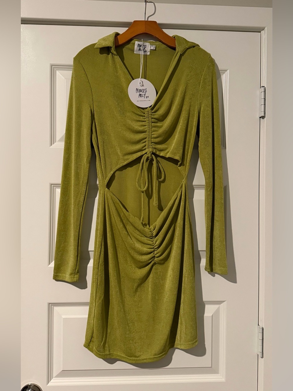 Princess Polly Green Cutout Ruched Long Sleeve ‘Kylie’ Mini Dress Size 10 FLAW